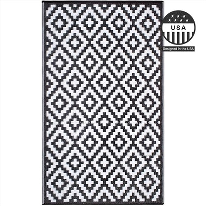 FH Home Outdoor Camping Rug - Waterproof, Fade Resistant, Reversible - Premium Recycled Plastic - Geometric - Patio, Deck, Sunroom, RV - Aztec - Black & White - 5 x 8 ft Foldable - color: Aztec - Black & White, size: 5' x 8' (Rectangular)