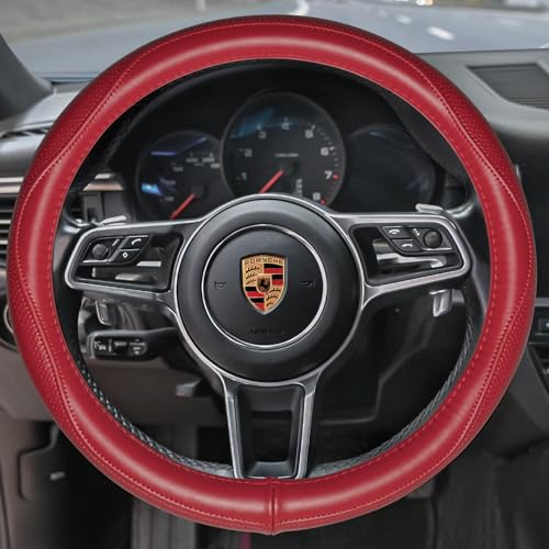 HAOKAY Top Grade Red Genuine Leather Steering Wheel Cover Women, Luxury Steering Wheel Cover for Cars, SUVS and Trucks，Universal 14.5-15 inch - color: RED