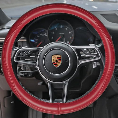 HAOKAY Top Grade Red Genuine Leather Steering Wheel Cover Women, Luxury Steering Wheel Cover for Cars, SUVS and Trucks，Universal 14.5-15 inch - color: RED