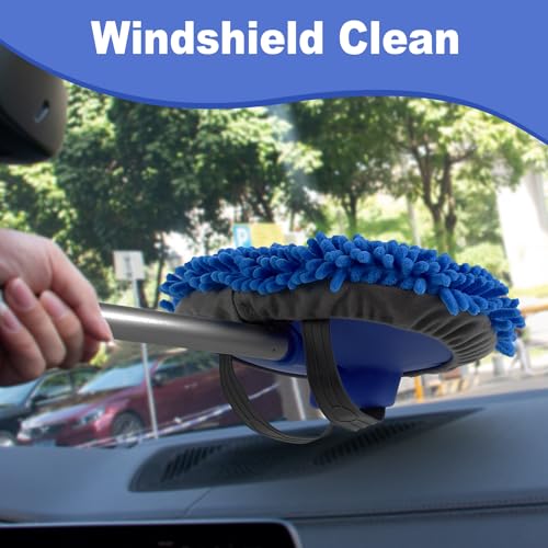 anngrowy 62" Microfiber Car Wash Brush with Long Handle Car Washing Mop Kit Mitt Sponge Car Cleaning Supplies Kit Duster RV Washing Car Brush Accessories, 1 Chenille Scratch-Free Replacement Head - color: Blue