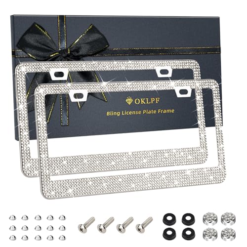 OKLPF White Bling License Plate Frames for Women, 2 Pack, Clear Rhinestone - color: white