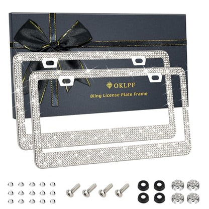 OKLPF White Bling License Plate Frames for Women, 2 Pack, Clear Rhinestone - color: white