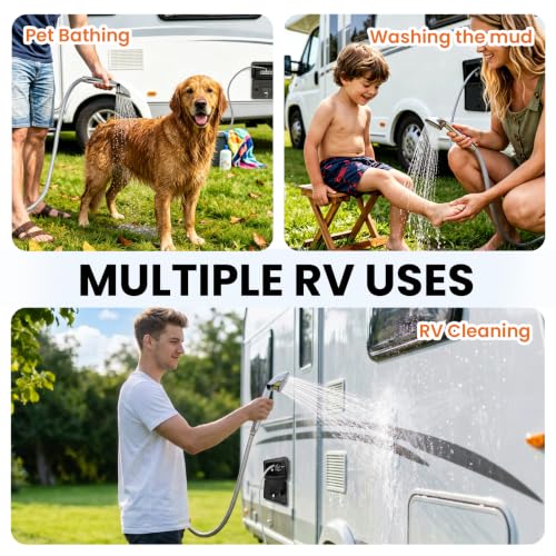RV Exterior Shower Box Kit with Lock, Outdoor Camper Shower Station, Metal Hot Cold Faucet, 59" Hose, 360° Swivel Adapter, UV Resistant Replacement Shower for Travel Trailer, Motorhome & Boat