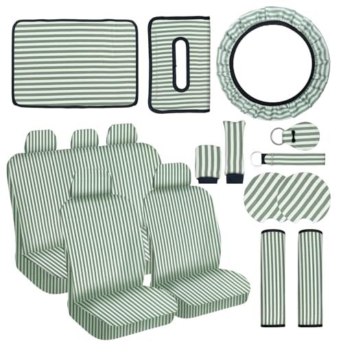 Stripe Car Seat Cover Full Set,Stripe Steering Wheel Cover Suitable for Universal Car Accessories Interior Set,Suitable for Sedans,SUVs - color: Green