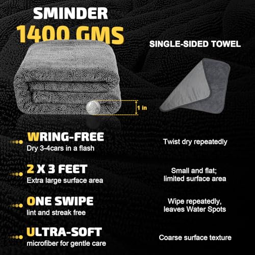 SMINDER 1400 GSM Car Drying Towels Car Detailing– XXL Microfiber Towels for Cars, Trucks (36" x 24"), Ultra-Absorbent, Streak-Free, Scratch-Free, No Water Spots, Double-Twist Pile & Edgeless Design - color: Gray