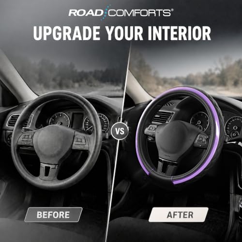 Road Comforts Leather Steering Wheel Cover – Black & Purple, Universal Fit 14.5-15 Inch, Microfiber Leather, Anti-Slip & Breathable Design for Men and Women - color: Purple