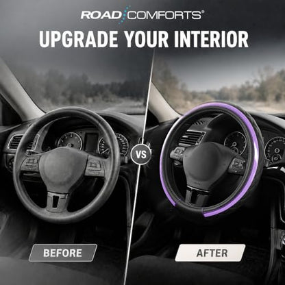 Road Comforts Leather Steering Wheel Cover – Black & Purple, Universal Fit 14.5-15 Inch, Microfiber Leather, Anti-Slip & Breathable Design for Men and Women - color: Purple