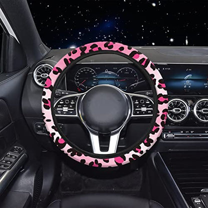 15 PCS Pink Leopard Print Car Seat Cover Set,Steering Wheel Cover Center Console Armrest Pad Headrest Seat Belt Cover Handbrake Gear Cover Keychain Coasters Full Set for Car SUV - color: Pink