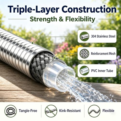 Metal Garden Hose 50 ft – 304 Stainless Steel Water Hose with Nozzle Sprayer, Garden Hoses Flexible, Lightweight, No Kink, Heavy Duty for Outdoor (50 ft) - size: 50 Feet