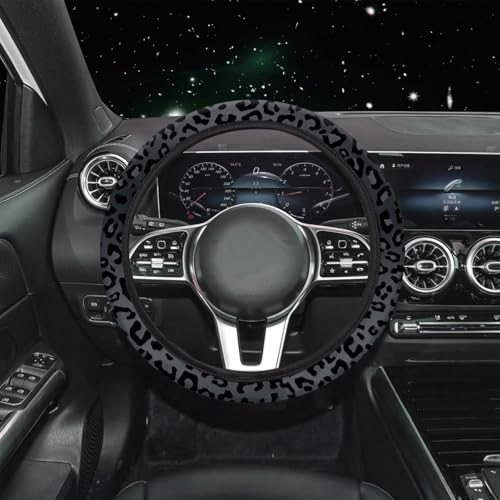 15 Pcs Black Leopard Print Printing Car Steering Wheel Cover Center Console Armrest Pad Headrest Seat Belt Cover Handbrake Cover Keychain Coaster Full Set Car SUV - color: Black