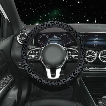 15 Pcs Black Leopard Print Printing Car Steering Wheel Cover Center Console Armrest Pad Headrest Seat Belt Cover Handbrake Cover Keychain Coaster Full Set Car SUV - color: Black