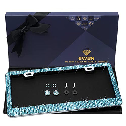 Bling Rhinestone License Plate Frame for Women，Diamond Sparkly License Plate Frames| Stainless Steel Frames & Over 1200 pcs Finest 14 Facets Glass Crystals Premium Diamond+GiftBox(Blue) - color: Blue