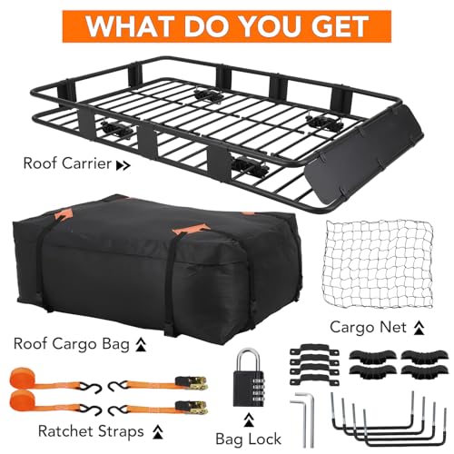 Rooftop Cargo Basket 64" x 39" Steel Universal Roof Rack Basket with Cargo Carrier Bag,Roof Rack Accessories,Adjustable to 48"x 39",200 Lbs Capacity,Car Roof Basket for SUV, Truck,Vehicle