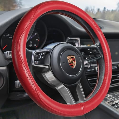 HAOKAY Top Grade Red Genuine Leather Steering Wheel Cover Women, Luxury Steering Wheel Cover for Cars, SUVS and Trucks，Universal 14.5-15 inch - color: RED