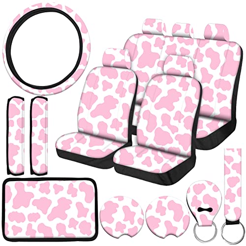 15 Pcs Car Steering Wheel Cover Center Console Armrest Pad Headrest Seat Belt Cover Handbrake Cover Keychain Coaster Full Set Car SUV (Pink Cow) - color: Pink Cow
