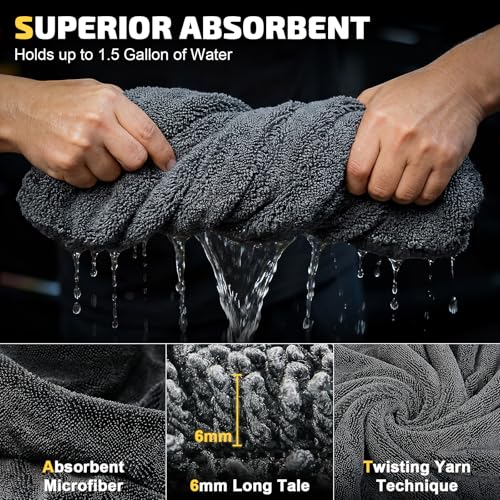 SMINDER 1400 GSM Car Drying Towels Car Detailing– XXL Microfiber Towels for Cars, Trucks (36" x 24"), Ultra-Absorbent, Streak-Free, Scratch-Free, No Water Spots, Double-Twist Pile & Edgeless Design - color: Gray