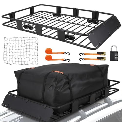 Rooftop Cargo Basket 64" x 39" Steel Universal Roof Rack Basket with Cargo Carrier Bag,Roof Rack Accessories,Adjustable to 48"x 39",200 Lbs Capacity,Car Roof Basket for SUV, Truck,Vehicle