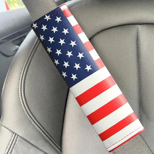 2PCS Car Seatbelt Covers, American Flag Patriotic Leather Soft Vehicle Seat Belt Shoulder Pad, USA Flag Automotive Seat Strap Harness Mat Cushion, Universal for Most Vehicles
