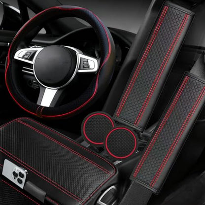 NBTEPEM 6 PCS Car Steering Wheel Cover Set, Microfiber Leather Steering Wheel Covers Universal 14.5-15 inch, Center Console Cover, Seat Belt Cushion, Cup Holder Coaster, Car Accessories Set Red - color: Black with red, size: Steering Wheel Cover Set
