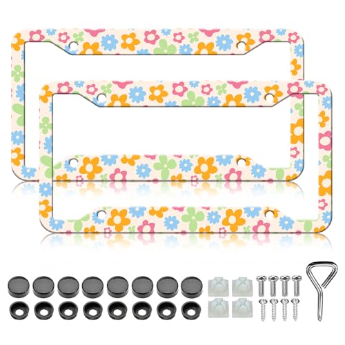 Cute Daisy Flower License Plate Frames - 2 Pack Colorful Flowers License Plate Holder Covers, Aluminum Metal Car Tag Frame for US Canada Standard with Free Screws Fasteners Caps - color: Cute Daisy