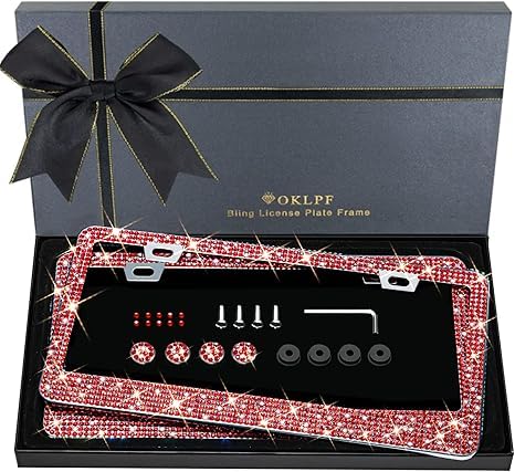OKLPF Red Bling License Plate Frames for Women, 2 Pack, Clear Rhinestone, - color: red