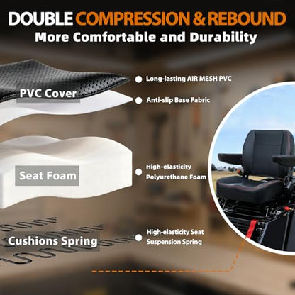 Universal Forklift Seat, Fold Down Tractor Seat with Adjustment Armrest, Safety Belt and Operator Position Switch, Excavator Skid Loader Backhoe Dozer Telehandler
