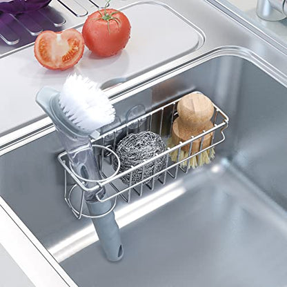 3-In-1 Sponge Holder for Kitchen Sink with Suction Cups & Adhesive Hook , In-sink Sponge Holder, Wall Hanging Sink Caddy Organizer Rack - Sponge, Dish Cloth, Brush, Scrubber - 304 Stainless Steel - color: Silver