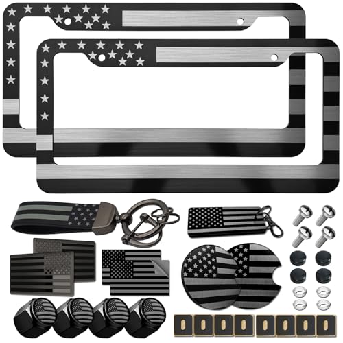 American Flag License Plate Frames, Black Patriotic Car Tag Holder 2 Pack - style: Black-Aluminum-Wide
