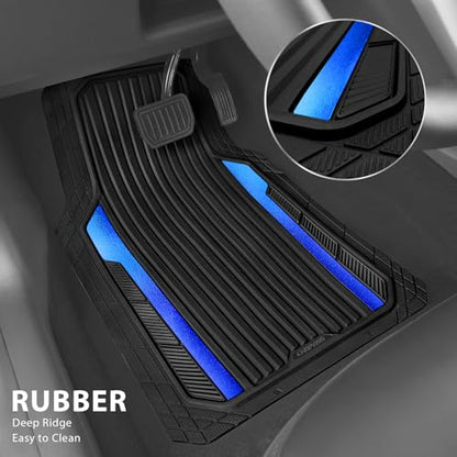 CAR PASS Heavy Duty Rubber Car Mats Metallic,Aluminum Film All Weather Floor Mats Waterproof Universal Trim to Fit Automotive SUV Sedan Van 4 Piece Anodized Deep Dish Two-Tone Sporty Black Blue Chrome - color: Black Blue