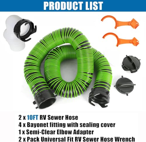 20FT RV Sewer Hose with Bayonet Fittings and 4-in-1 Adapter Elbow - color: Green, size: 20FT