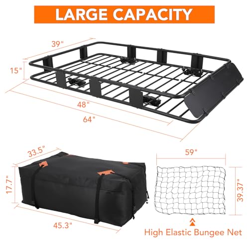 Rooftop Cargo Basket 64" x 39" Steel Universal Roof Rack Basket with Cargo Carrier Bag,Roof Rack Accessories,Adjustable to 48"x 39",200 Lbs Capacity,Car Roof Basket for SUV, Truck,Vehicle