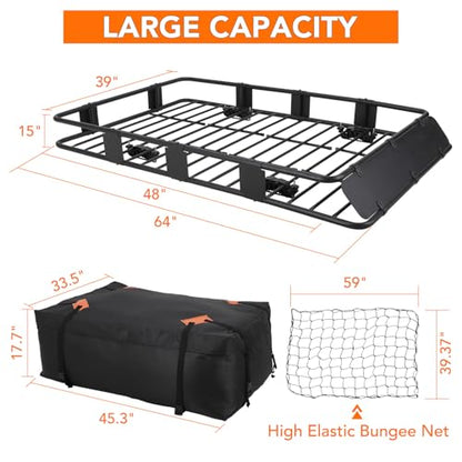 Rooftop Cargo Basket 64" x 39" Steel Universal Roof Rack Basket with Cargo Carrier Bag,Roof Rack Accessories,Adjustable to 48"x 39",200 Lbs Capacity,Car Roof Basket for SUV, Truck,Vehicle