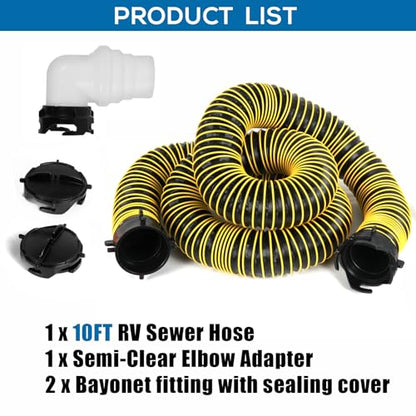 10FT RV Sewer Hose with Bayonet Fittings and 4-in-1 Adapter Elbow - color: Yellow, size: 10FT