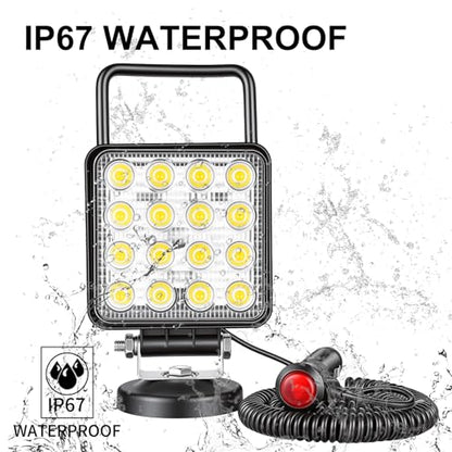 SKYWORLD Magnetic Mount LED Work Light, 2PCS 4 Inch 48W Square Flood Off Road Driving Fog Lamp 12V 24V with Portable Magnetic Base Holder for Truck Tractor Trailer Car Boat Engineering Vehicle - size: 2Pcs 4 Inch 48W Flood