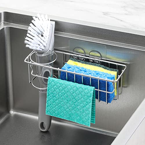 3-In-1 Sponge Holder for Kitchen Sink with Suction Cups & Adhesive Hook , In-sink Sponge Holder, Wall Hanging Sink Caddy Organizer Rack - Sponge, Dish Cloth, Brush, Scrubber - 304 Stainless Steel - color: Silver