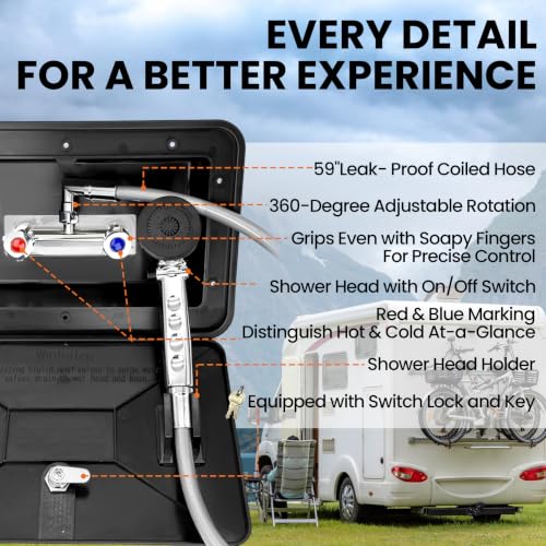RV Exterior Shower Box Kit with Lock, Outdoor Camper Shower Station, Metal Hot Cold Faucet, 59" Hose, 360° Swivel Adapter, UV Resistant Replacement Shower for Travel Trailer, Motorhome & Boat