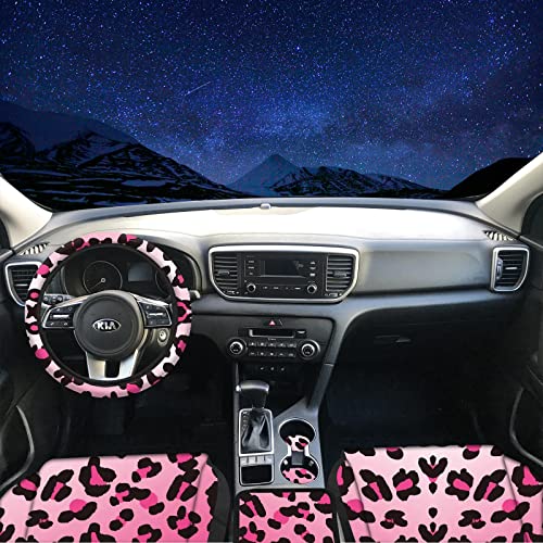 15 PCS Pink Leopard Print Car Seat Cover Set,Steering Wheel Cover Center Console Armrest Pad Headrest Seat Belt Cover Handbrake Gear Cover Keychain Coasters Full Set for Car SUV - color: Pink