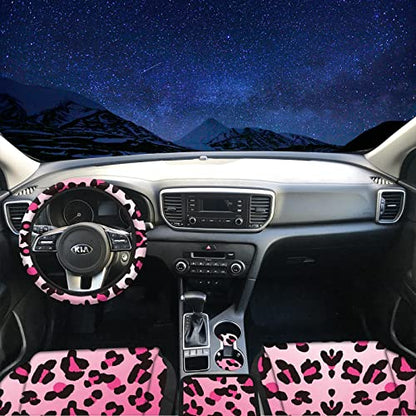 15 PCS Pink Leopard Print Car Seat Cover Set,Steering Wheel Cover Center Console Armrest Pad Headrest Seat Belt Cover Handbrake Gear Cover Keychain Coasters Full Set for Car SUV - color: Pink