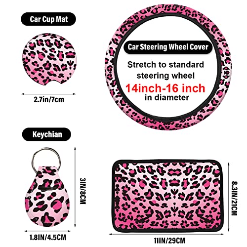 15 PCS Pink Leopard Print Car Seat Cover Set,Steering Wheel Cover Center Console Armrest Pad Headrest Seat Belt Cover Handbrake Gear Cover Keychain Coasters Full Set for Car SUV - color: Pink