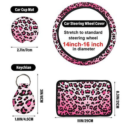 15 PCS Pink Leopard Print Car Seat Cover Set,Steering Wheel Cover Center Console Armrest Pad Headrest Seat Belt Cover Handbrake Gear Cover Keychain Coasters Full Set for Car SUV - color: Pink