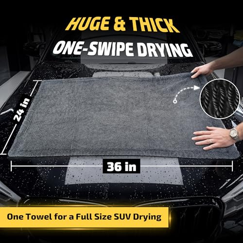SMINDER 1400 GSM Car Drying Towels Car Detailing– XXL Microfiber Towels for Cars, Trucks (36" x 24"), Ultra-Absorbent, Streak-Free, Scratch-Free, No Water Spots, Double-Twist Pile & Edgeless Design - color: Gray