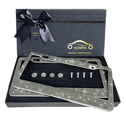 Bling License Plate Frames with High End Ribbon Gift Box,2 Pack Rhinestone License Plate Frame,Handcrafted Crystal Premium Stainless Steel Bling License Plate Frame for Women,Party,Birthday,Xmas Gift - color: gray