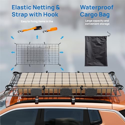 TUFFIOM 84"x 39"x 6" Universal Rooftop Cargo Carrier Basket, Extendable Steel Roof Rack Basket w/Net+Storage Bag+Straps, Heavy Duty Car Top Rack Luggage Holder Carrier for SUV Car Truck Van - size: 84"x39"x6"(w/Net+Bag+Pedal+Straps)