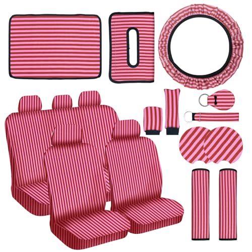 Stripe Car Seat Cover Full Set,Stripe Steering Wheel Cover Suitable for Universal Car Accessories Interior Set,Suitable for Sedans,SUVs - color: Red