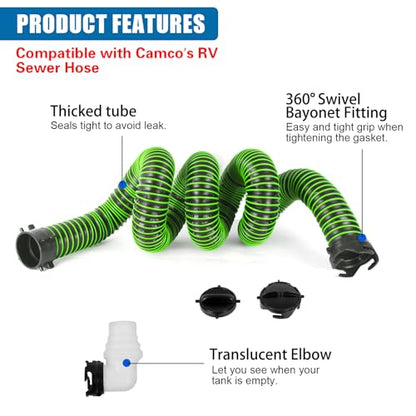 10FT RV Sewer Hose with Bayonet Fittings and 4-in-1 Adapter Elbow - color: Green, size: 10FT