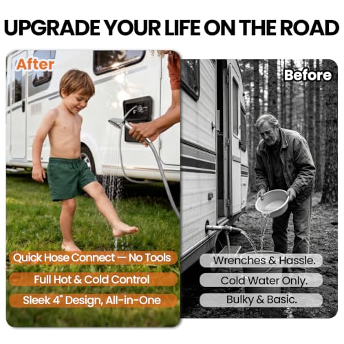 RV Exterior Shower Box Kit with Lock, Outdoor Camper Shower Station, Metal Hot Cold Faucet, 59" Hose, 360° Swivel Adapter, UV Resistant Replacement Shower for Travel Trailer, Motorhome & Boat