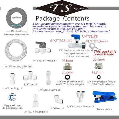 NSF 1/4" inch Water Line Tubing and Push to Connect Fittings for Reverse Osmosis Water Filter RO fittings (Feed water adapter Kits), 11 pcs connetors+30 feet 1/4" O.D. (6.4mm) water tubing. - style: 1/4"(13pcs+30feet)