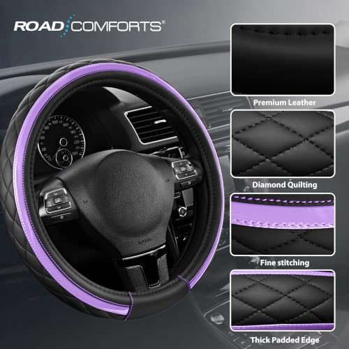 Road Comforts Leather Steering Wheel Cover – Black & Purple, Universal Fit 14.5-15 Inch, Microfiber Leather, Anti-Slip & Breathable Design for Men and Women - color: Purple