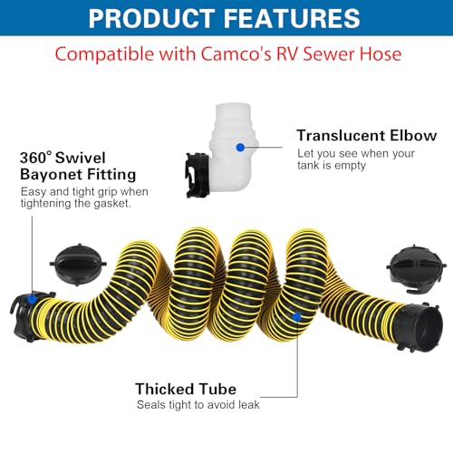 10FT RV Sewer Hose with Bayonet Fittings and 4-in-1 Adapter Elbow - color: Yellow, size: 10FT