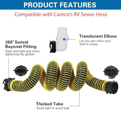 10FT RV Sewer Hose with Bayonet Fittings and 4-in-1 Adapter Elbow - color: Yellow, size: 10FT